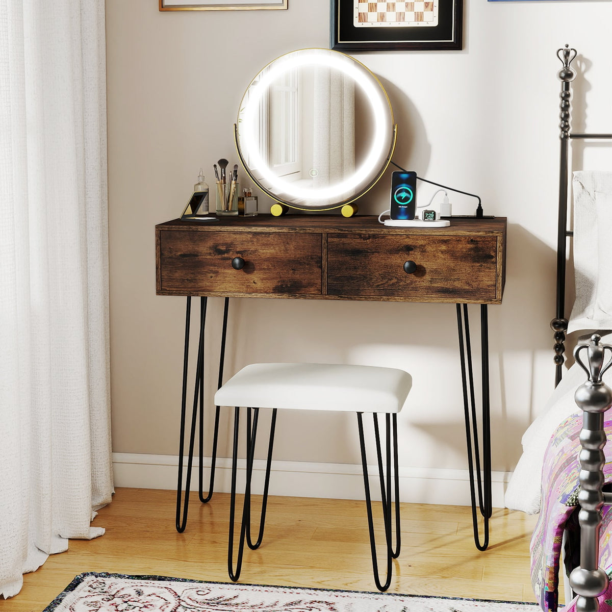 Vanity Desk with with Lighted Adjustable Mirror for Bedroom-Rustic Brown-Makeup Vanities-DECOROLALA