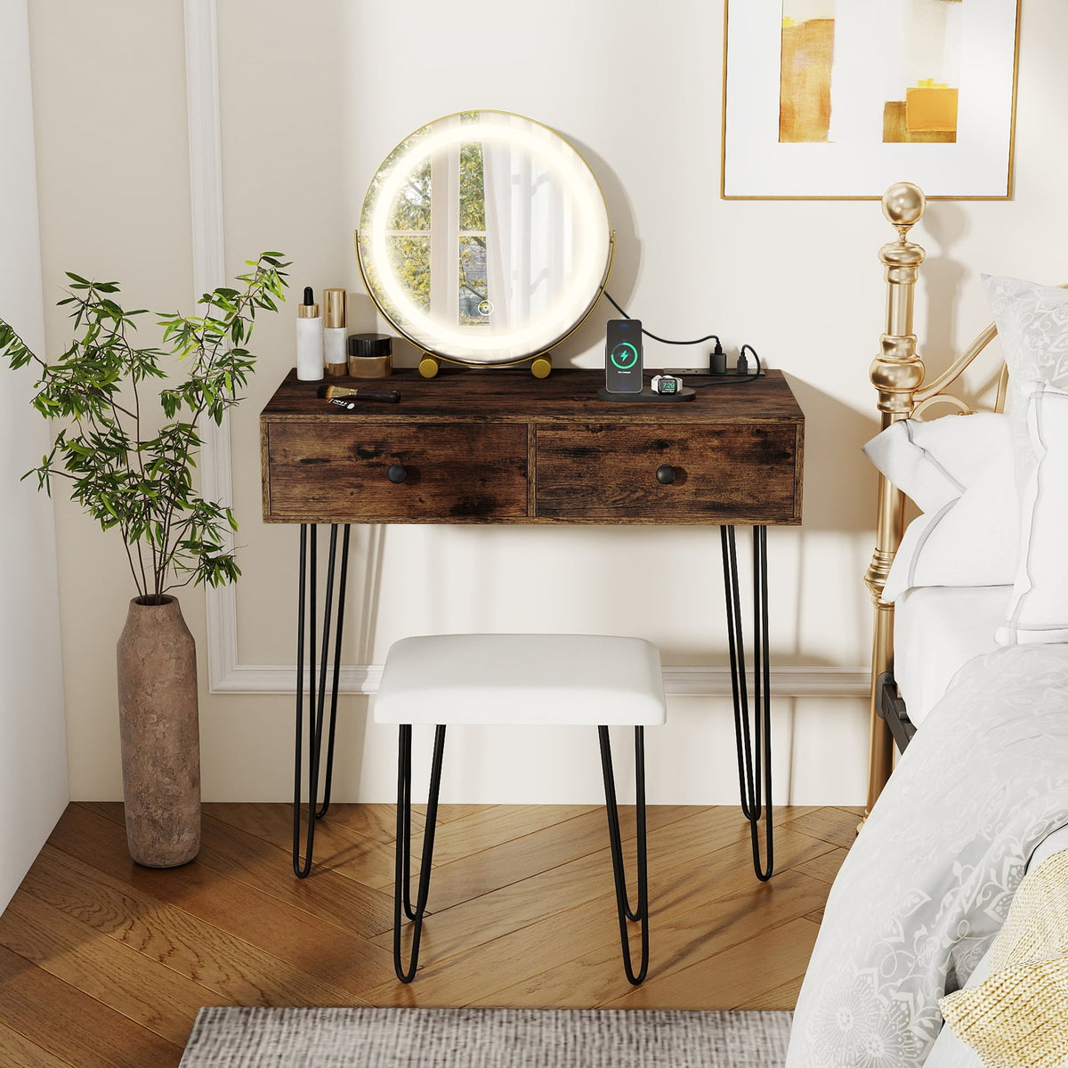 Vanity Desk with with Lighted Adjustable Mirror for Bedroom-Rustic Brown-Makeup Vanities-DECOROLALA