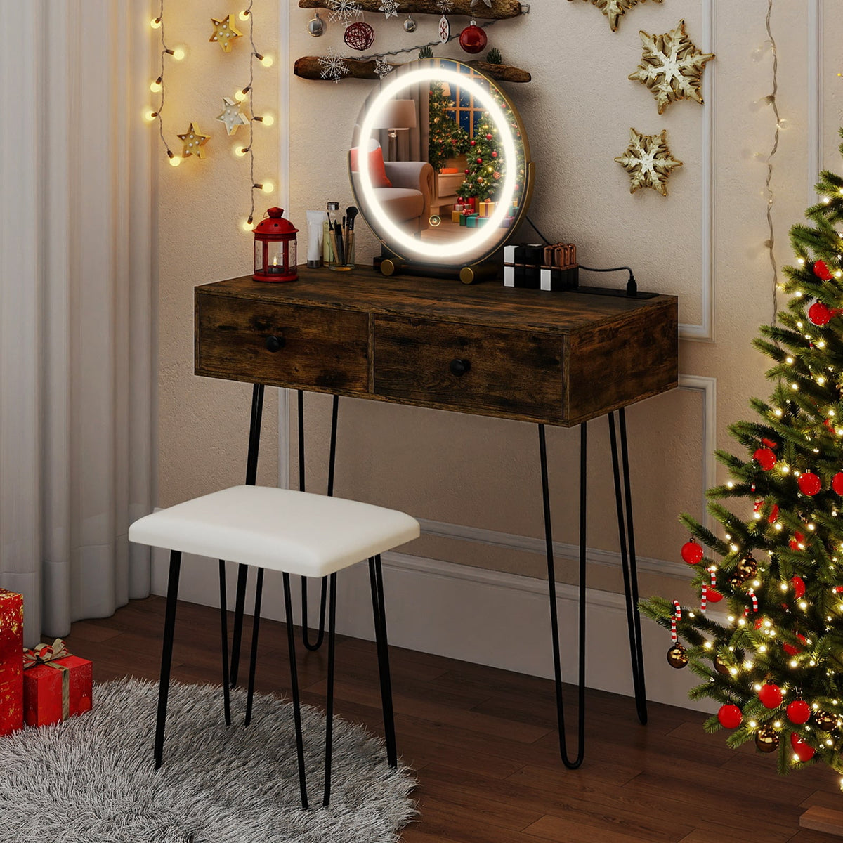 Vanity Desk with with Lighted Adjustable Mirror for Bedroom-Rustic Brown-Makeup Vanities-DECOROLALA