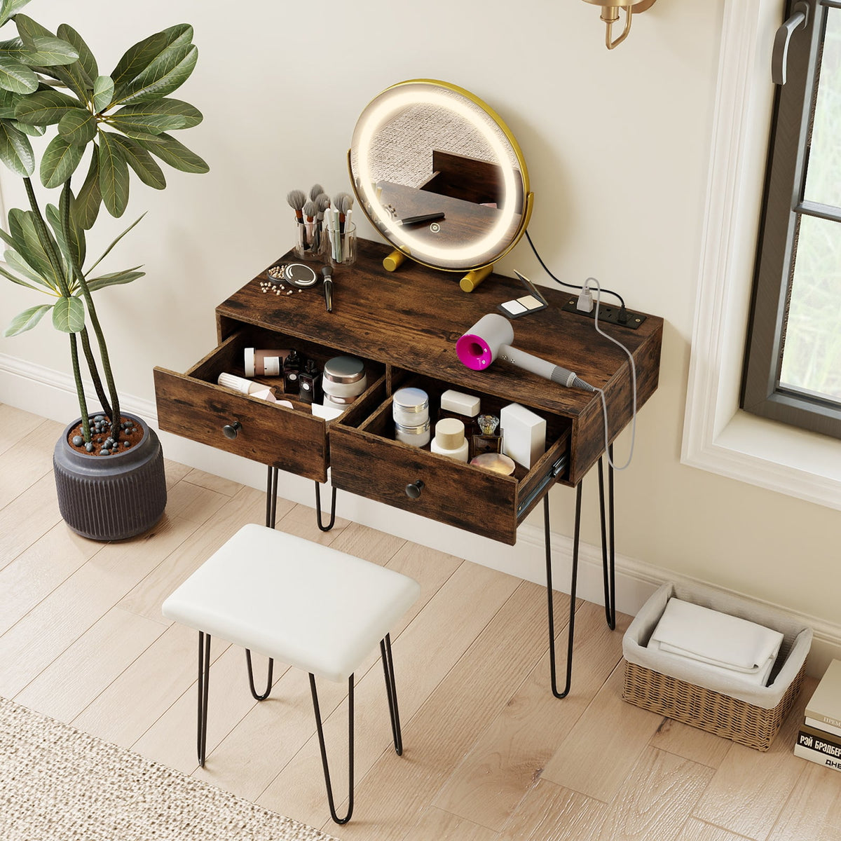 Vanity Desk with with Lighted Adjustable Mirror for Bedroom-Rustic Brown-Makeup Vanities-DECOROLALA