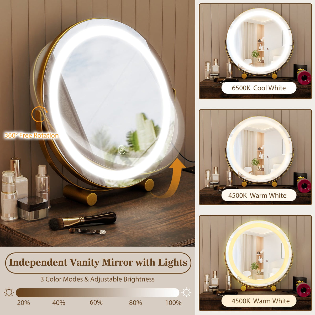 Vanity Desk with with Lighted Adjustable Mirror for Bedroom-Rustic Brown-Makeup Vanities-DECOROLALA