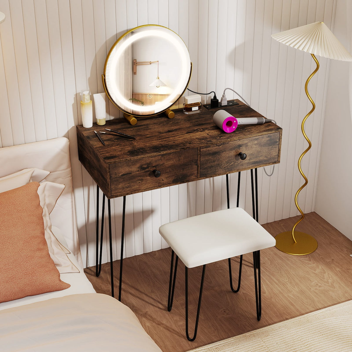 Vanity Desk with with Lighted Adjustable Mirror for Bedroom-Rustic Brown-Makeup Vanities-DECOROLALA