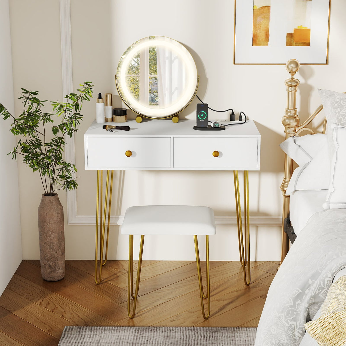Vanity Desk with with Lighted Adjustable Mirror for Bedroom-White-Makeup Vanities-DECOROLALA