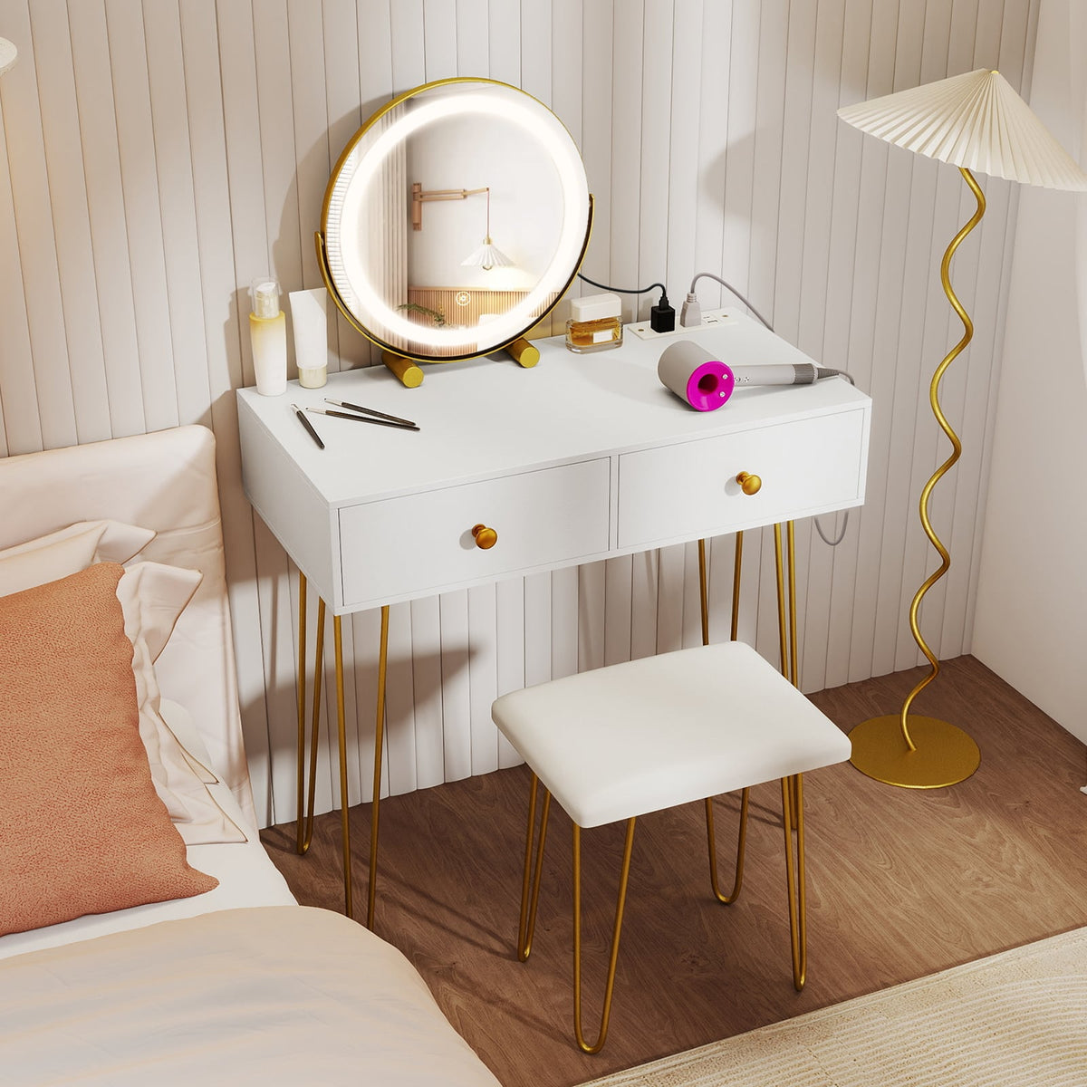 Vanity Desk with with Lighted Adjustable Mirror for Bedroom-White-Makeup Vanities-DECOROLALA