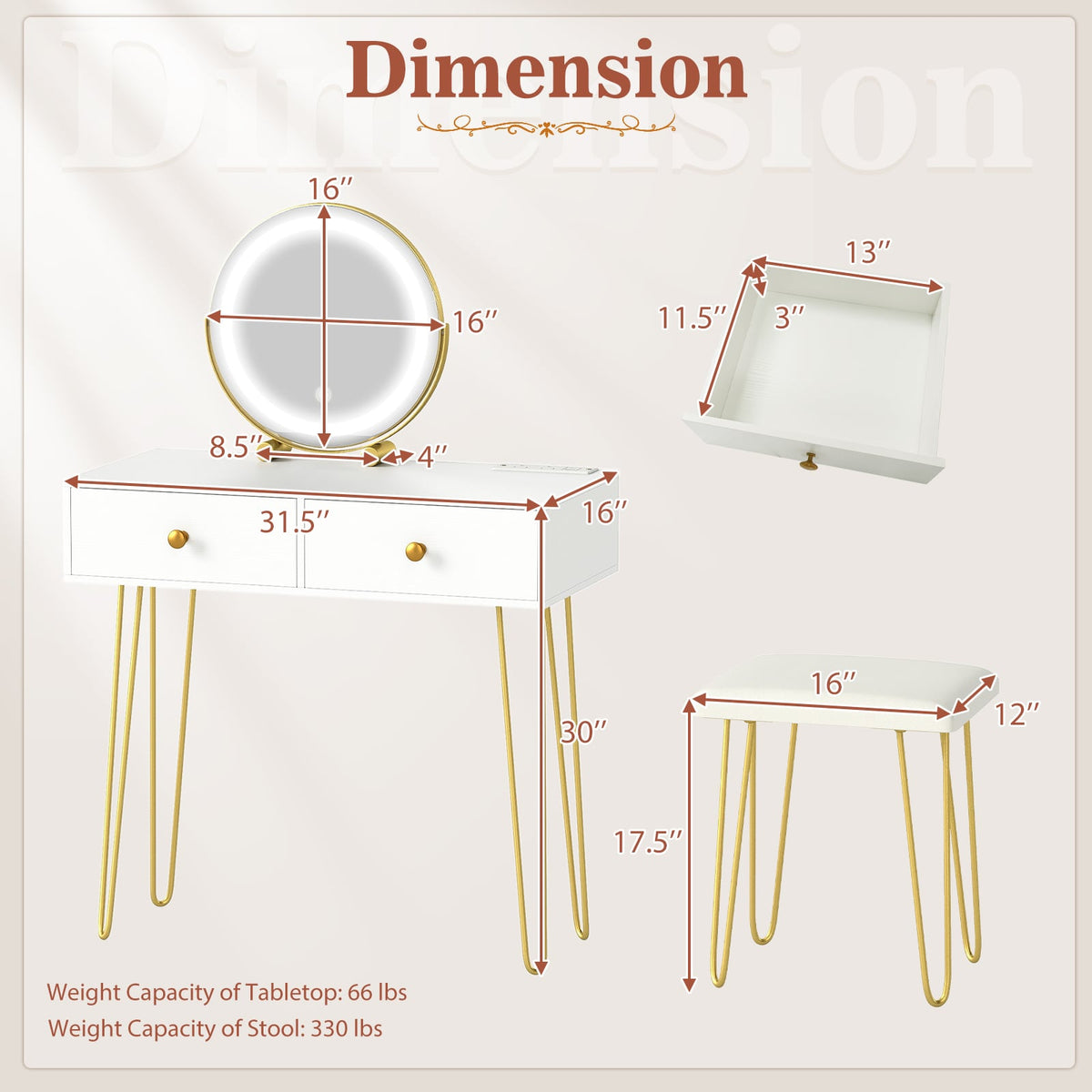 Vanity Desk with with Lighted Adjustable Mirror for Bedroom-White-Makeup Vanities-DECOROLALA