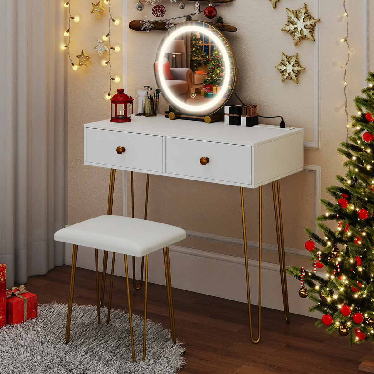 Vanity Desk with with Lighted Adjustable Mirror for Bedroom-White-Makeup Vanities-DECOROLALA
