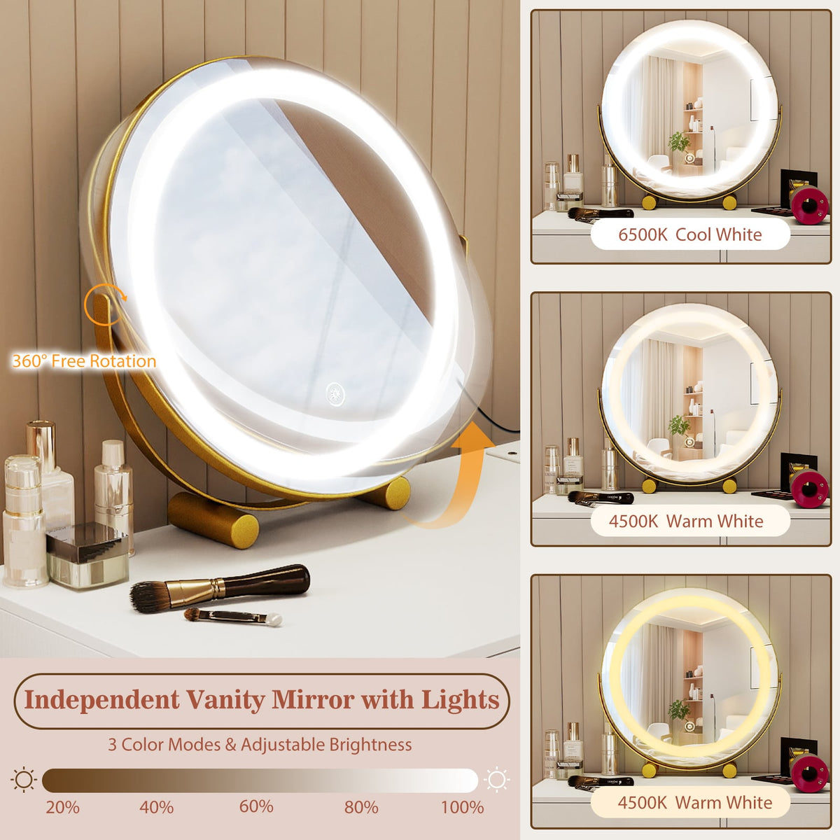 Vanity Desk with with Lighted Adjustable Mirror for Bedroom-White-Makeup Vanities-DECOROLALA