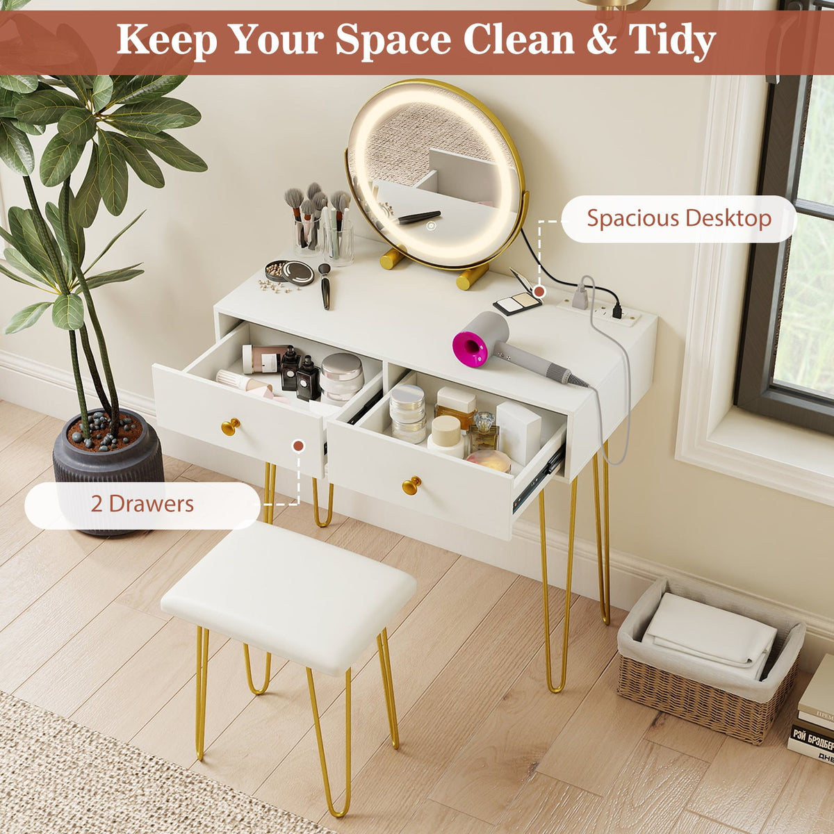 Vanity Desk with with Lighted Adjustable Mirror for Bedroom-White-Makeup Vanities-DECOROLALA