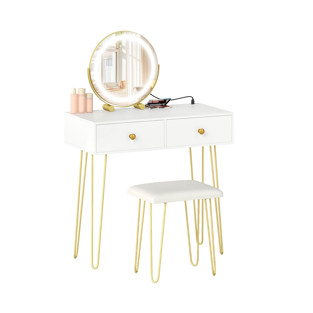 Vanity Desk with with Lighted Adjustable Mirror for Bedroom-White-Makeup Vanities-DECOROLALA