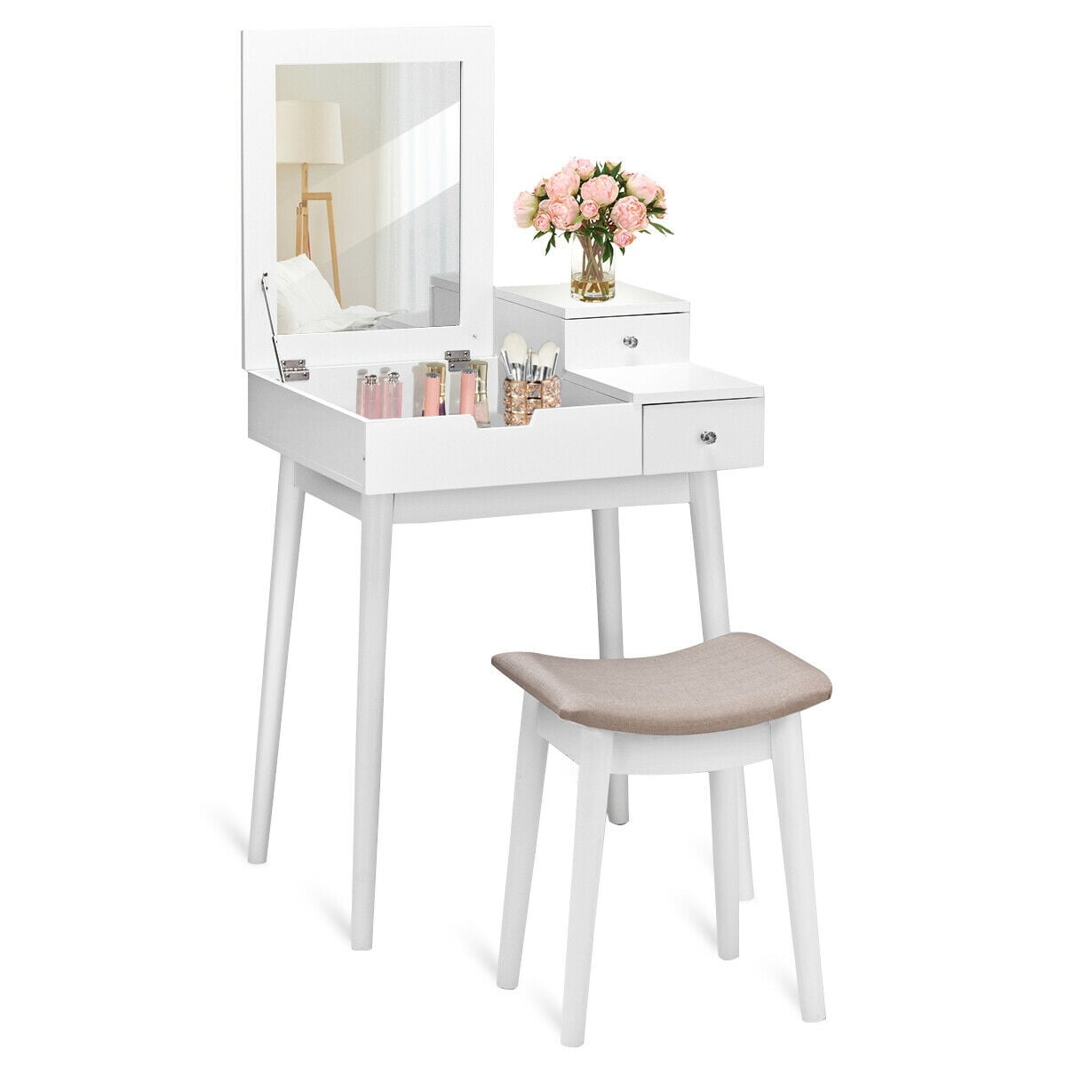 Vanity Dressing Table Set Flip Mirror Desk Furniture Stool-Makeup Vanities-DECOROLALA