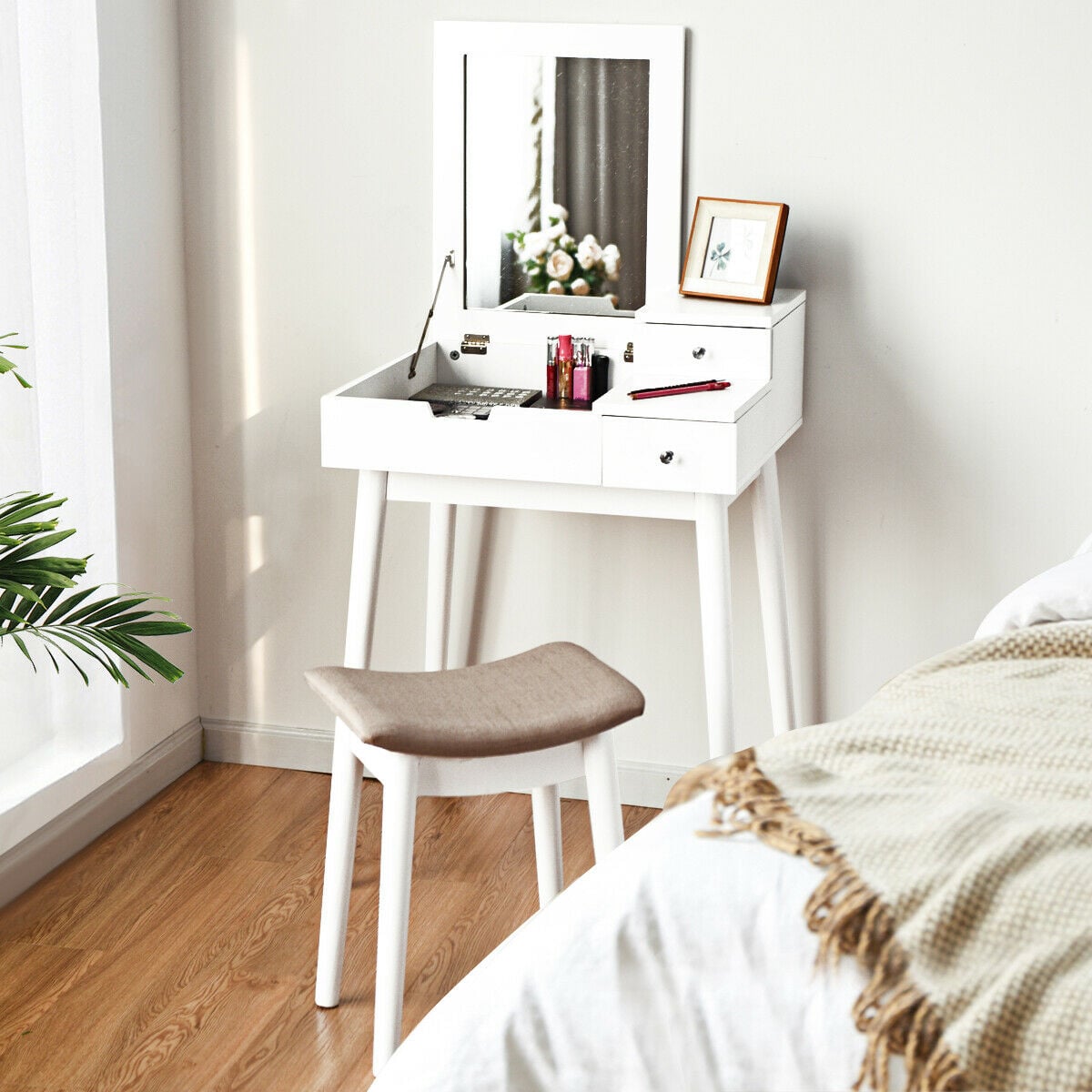 Vanity Dressing Table Set Flip Mirror Desk Furniture Stool-Makeup Vanities-DECOROLALA