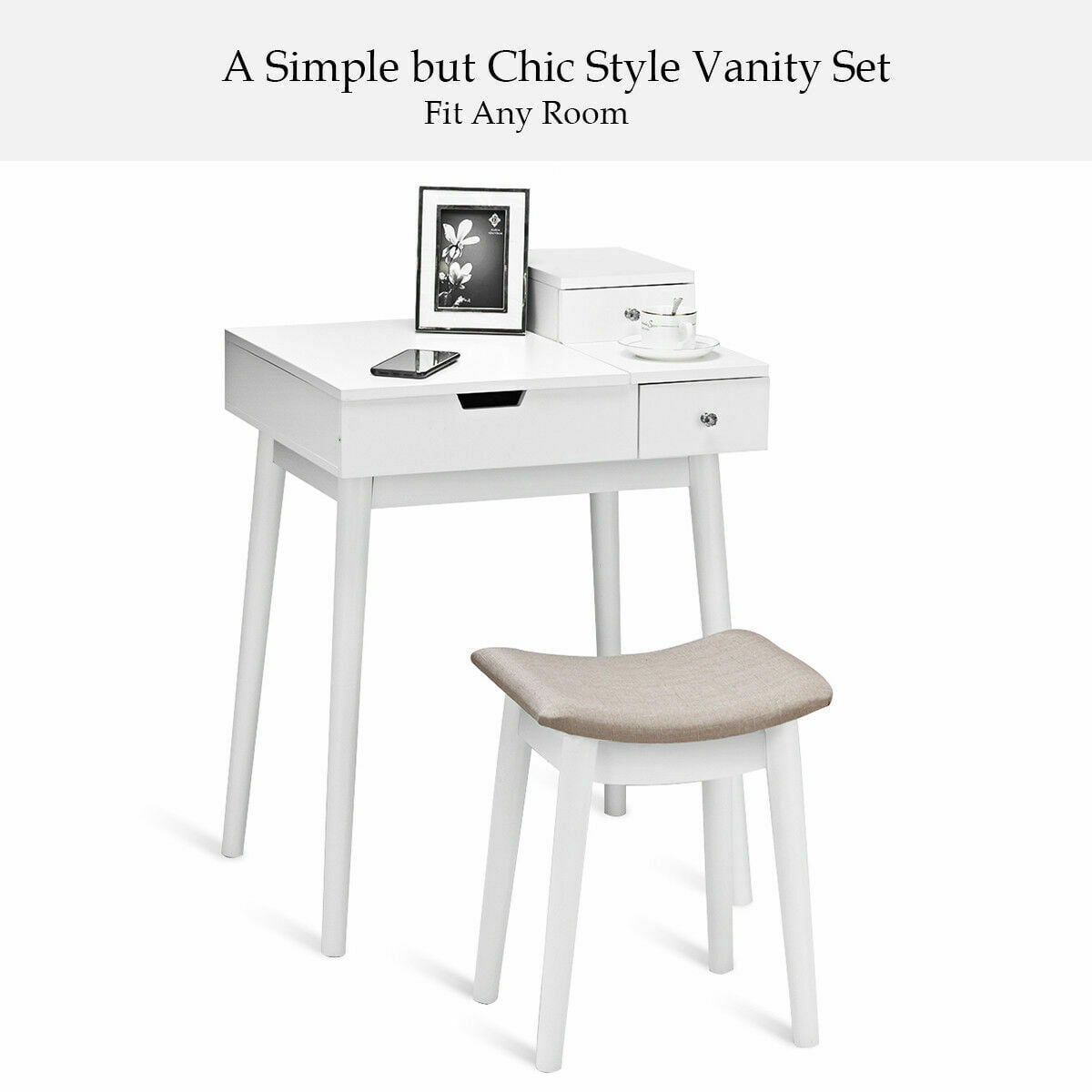 Vanity Dressing Table Set Flip Mirror Desk Furniture Stool-Makeup Vanities-DECOROLALA