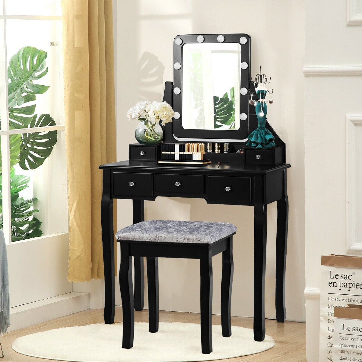 Vanity Dressing Table Set with 10 Dimmable Bulbs and Cushioned Stool-Black-Makeup Vanities-DECOROLALA