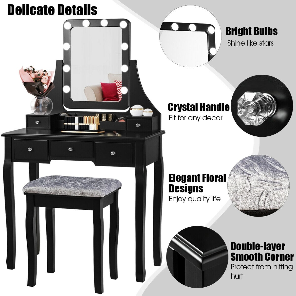 Vanity Dressing Table Set with 10 Dimmable Bulbs and Cushioned Stool-Black-Makeup Vanities-DECOROLALA