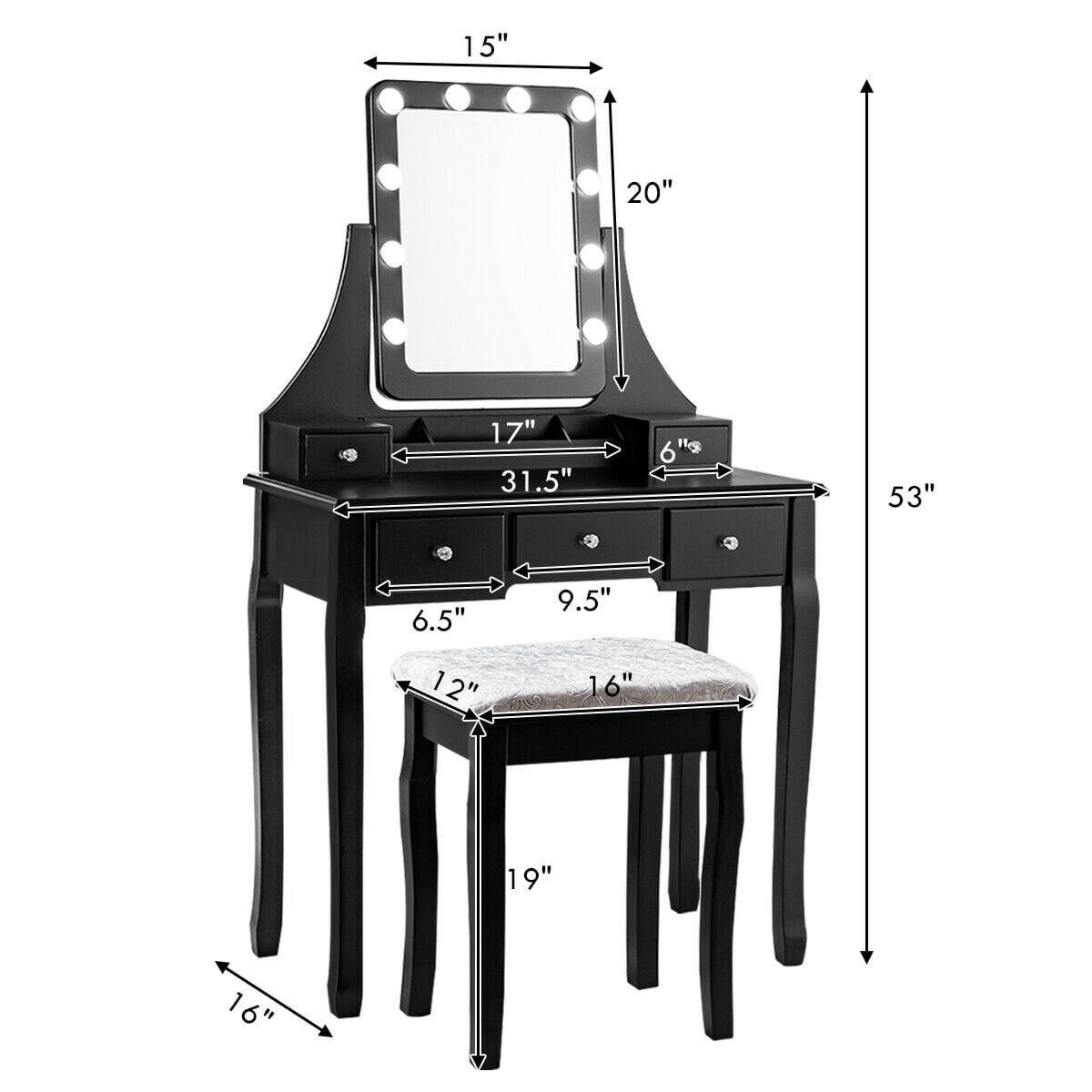 Vanity Dressing Table Set with 10 Dimmable Bulbs and Cushioned Stool-Black-Makeup Vanities-DECOROLALA