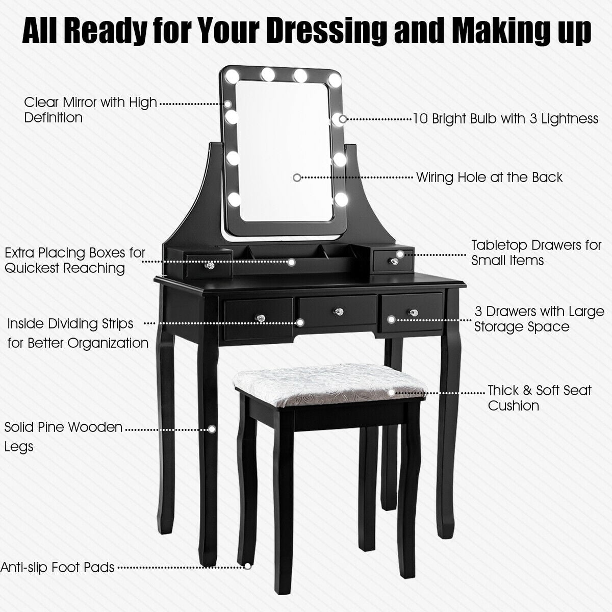 Vanity Dressing Table Set with 10 Dimmable Bulbs and Cushioned Stool-Black-Makeup Vanities-DECOROLALA