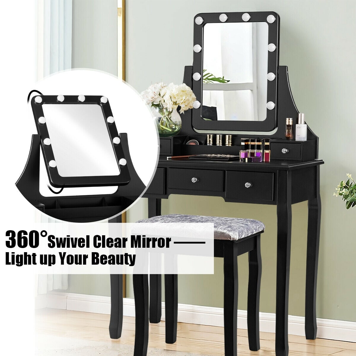 Vanity Dressing Table Set with 10 Dimmable Bulbs and Cushioned Stool-Black-Makeup Vanities-DECOROLALA