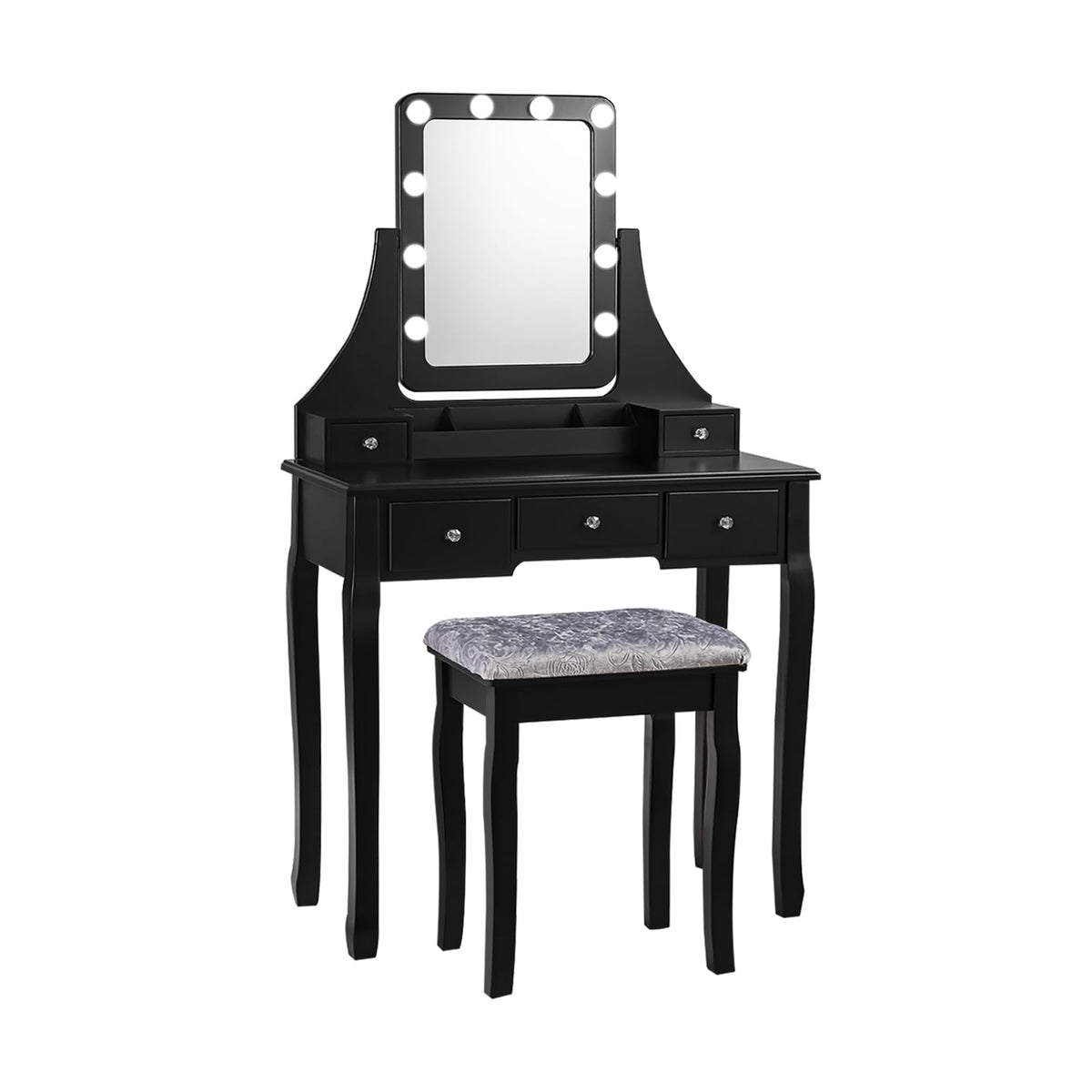 Vanity Dressing Table Set with 10 Dimmable Bulbs and Cushioned Stool-Black-Makeup Vanities-DECOROLALA