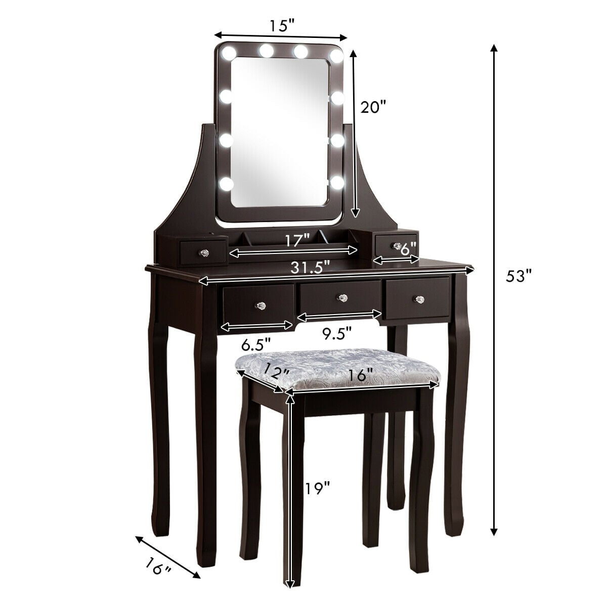 Vanity Dressing Table Set with 10 Dimmable Bulbs and Cushioned Stool-Brown-Makeup Vanities-DECOROLALA