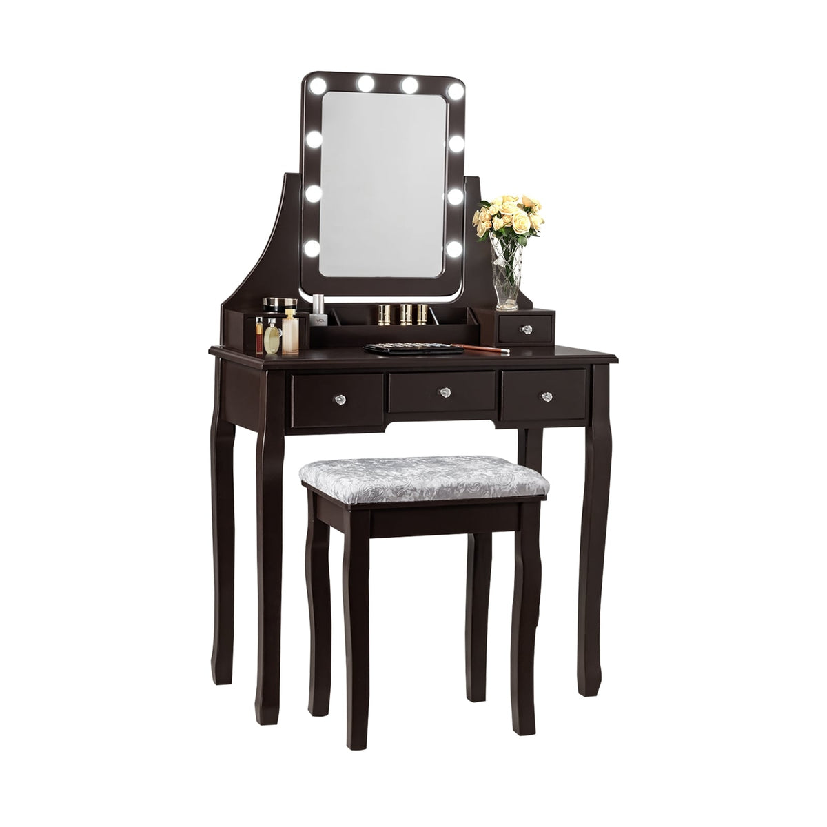 Vanity Dressing Table Set with 10 Dimmable Bulbs and Cushioned Stool-Brown-Makeup Vanities-DECOROLALA