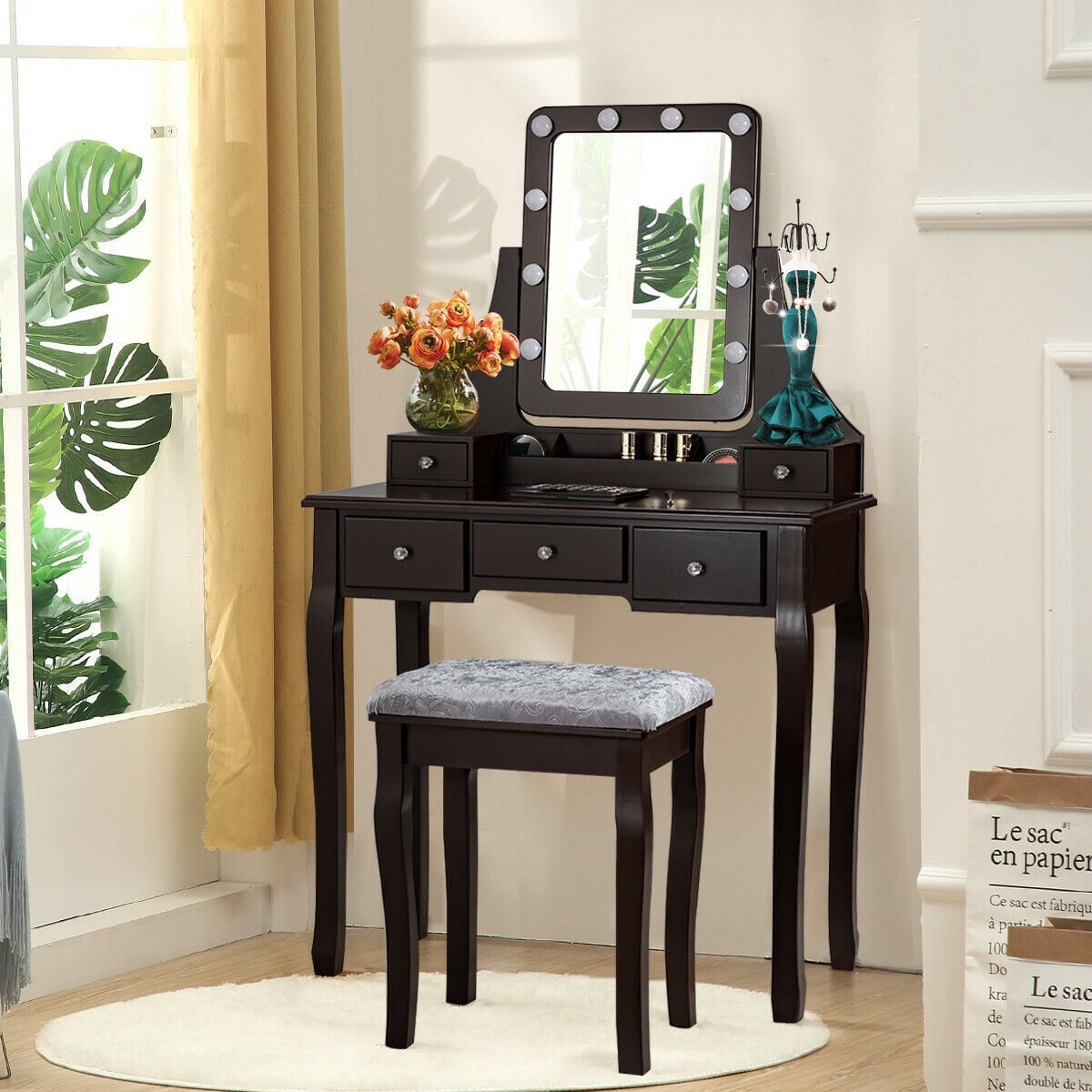 Vanity Dressing Table Set with 10 Dimmable Bulbs and Cushioned Stool-Brown-Makeup Vanities-DECOROLALA