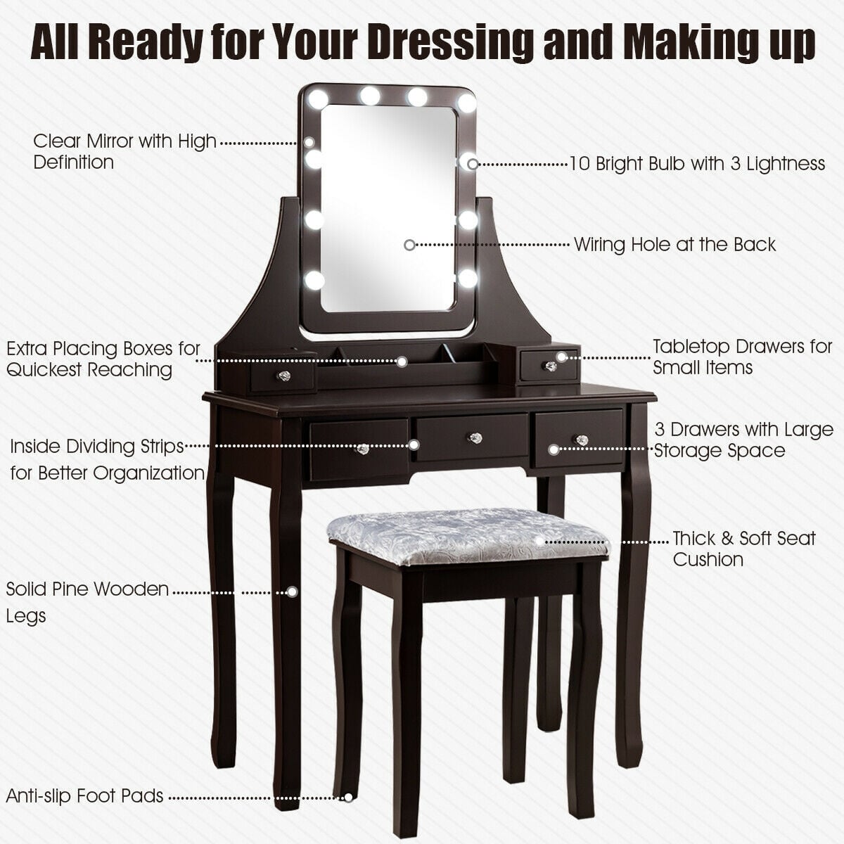 Vanity Dressing Table Set with 10 Dimmable Bulbs and Cushioned Stool-Brown-Makeup Vanities-DECOROLALA