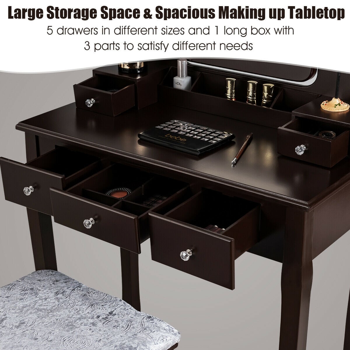 Vanity Dressing Table Set with 10 Dimmable Bulbs and Cushioned Stool-Brown-Makeup Vanities-DECOROLALA