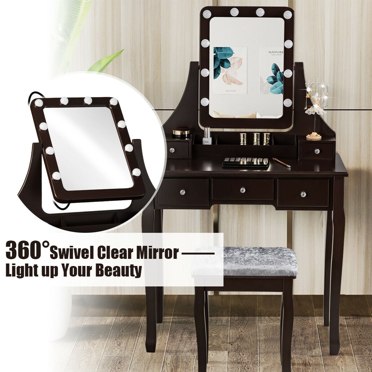 Vanity Dressing Table Set with 10 Dimmable Bulbs and Cushioned Stool-Brown-Makeup Vanities-DECOROLALA