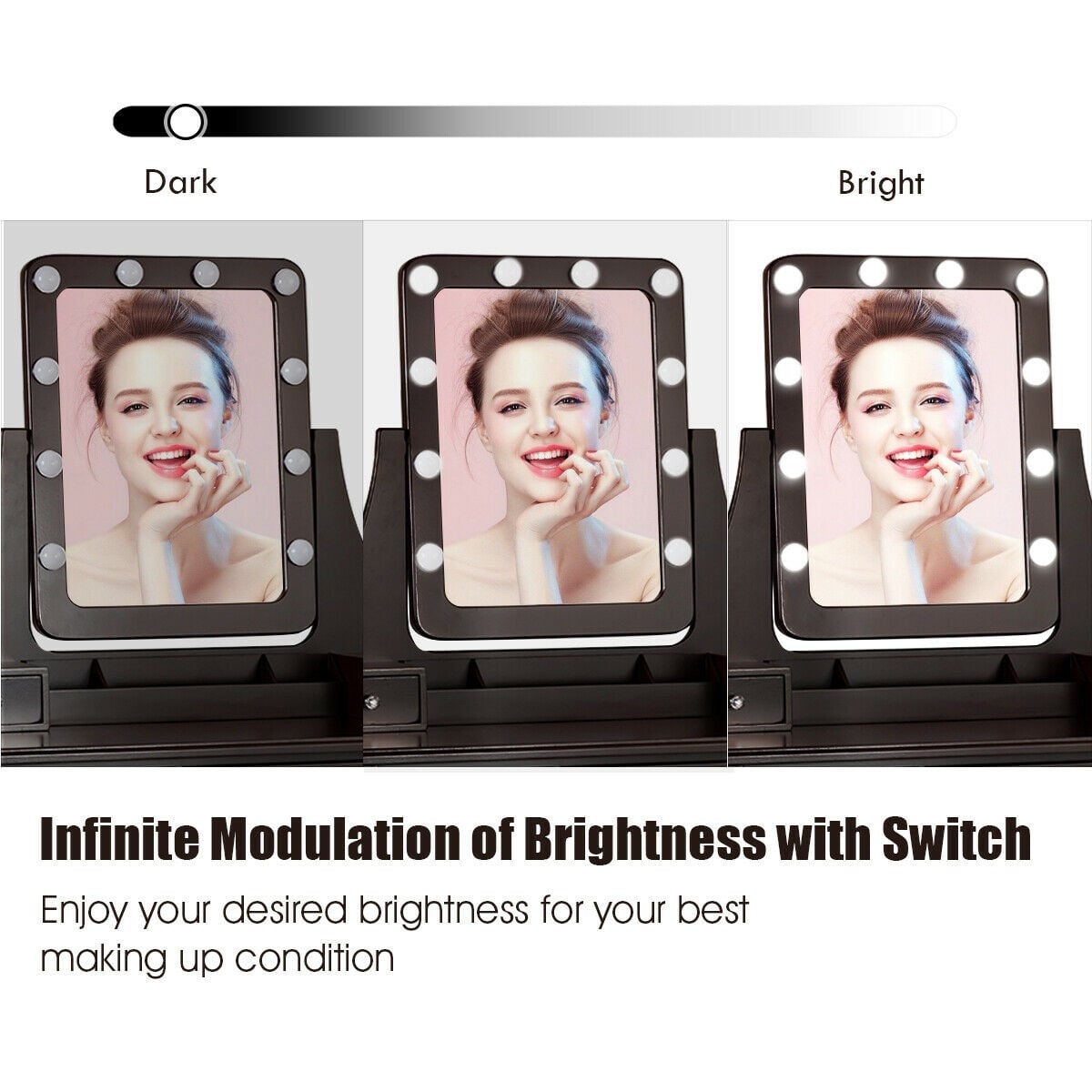 Vanity Dressing Table Set with 10 Dimmable Bulbs and Cushioned Stool-Brown-Makeup Vanities-DECOROLALA