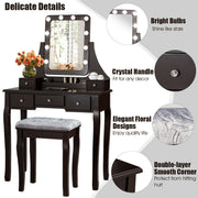 Vanity Dressing Table Set with 10 Dimmable Bulbs and Cushioned Stool-Brown-Makeup Vanities-DECOROLALA