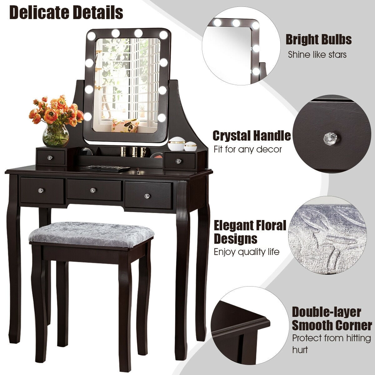 Vanity Dressing Table Set with 10 Dimmable Bulbs and Cushioned Stool-Brown-Makeup Vanities-DECOROLALA