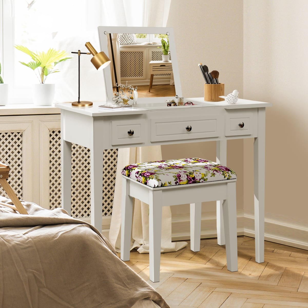 Vanity Dressing Table Set with Flip Top Mirror and 3 Drawers-Makeup Vanities-DECOROLALA