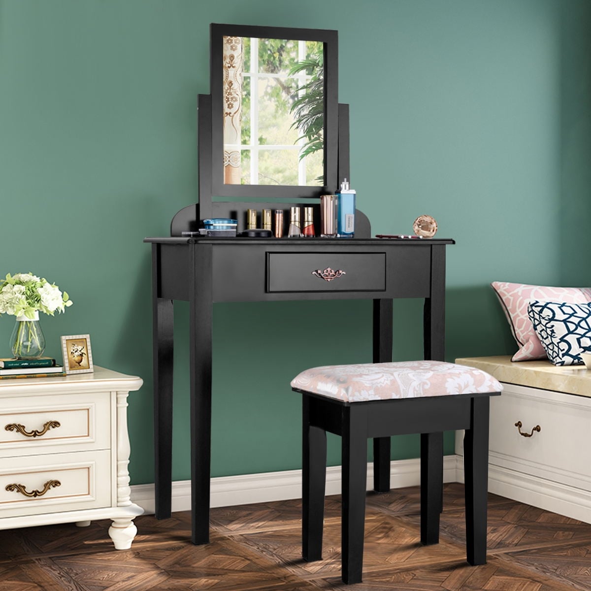 Vanity Dressing Table Stool Set with Large Makeup Mirror-Makeup Vanities-DECOROLALA