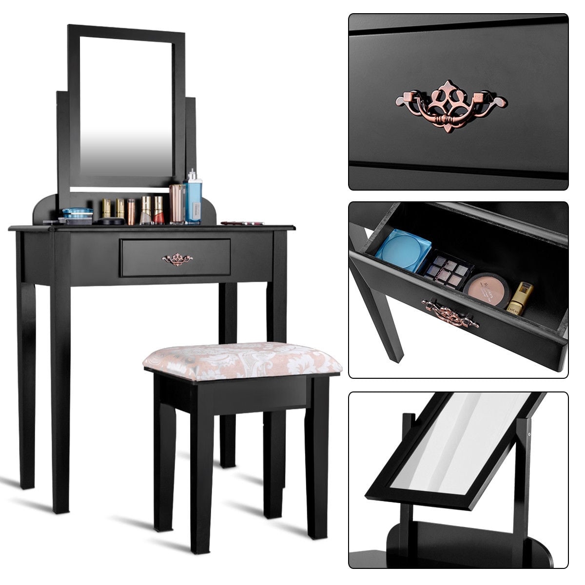 Vanity Dressing Table Stool Set with Large Makeup Mirror-Makeup Vanities-DECOROLALA