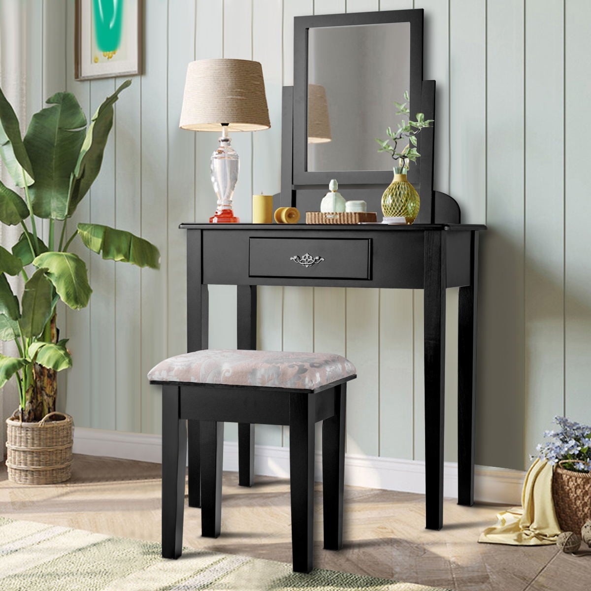 Vanity Dressing Table Stool Set with Large Makeup Mirror-Makeup Vanities-DECOROLALA
