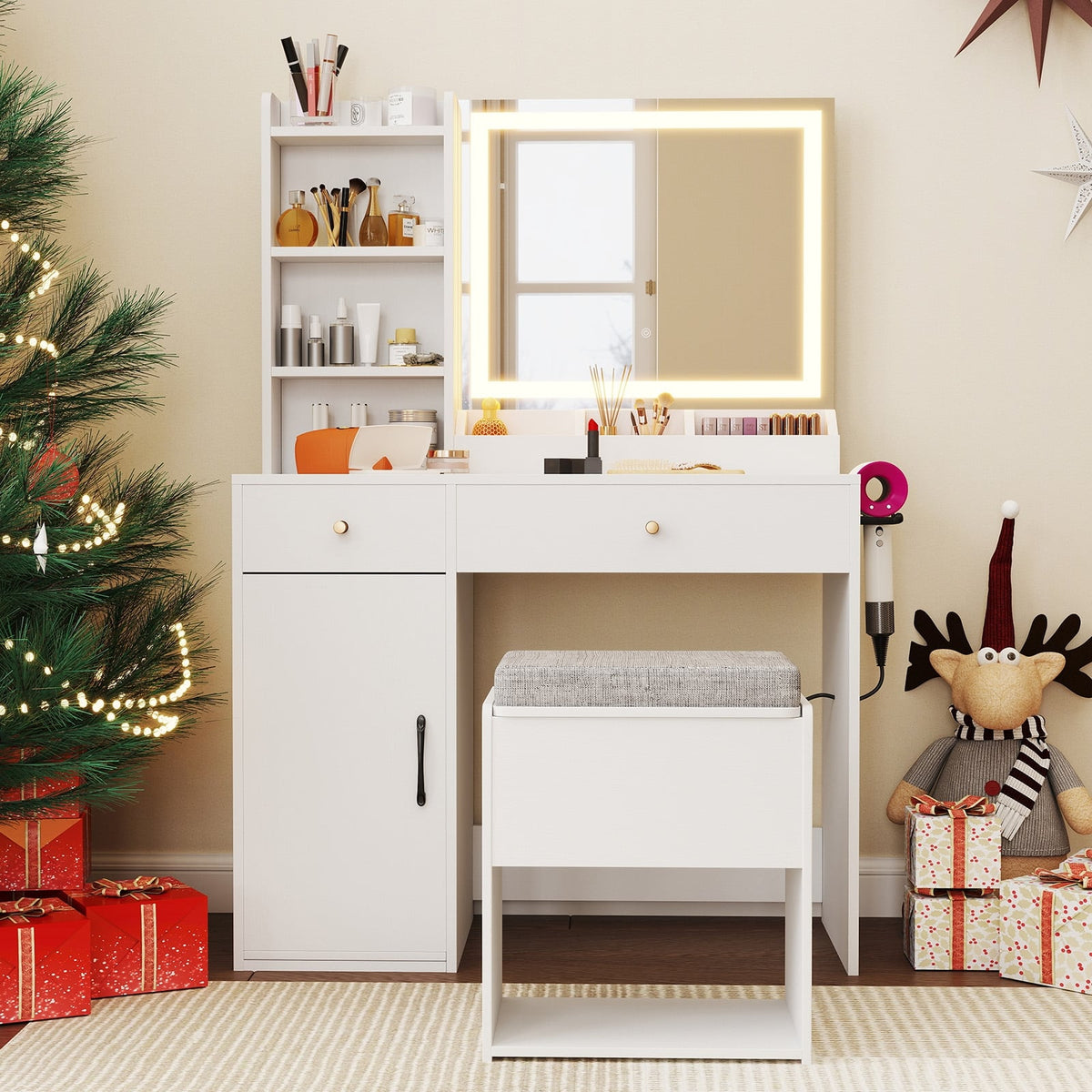 Vanity Dressing Table and Chair Set with Mirror and Lights-White-Makeup Vanities-DECOROLALA