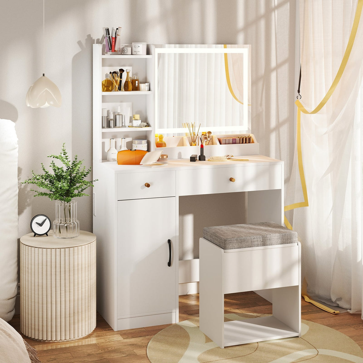 Vanity Dressing Table and Chair Set with Mirror and Lights-White-Makeup Vanities-DECOROLALA