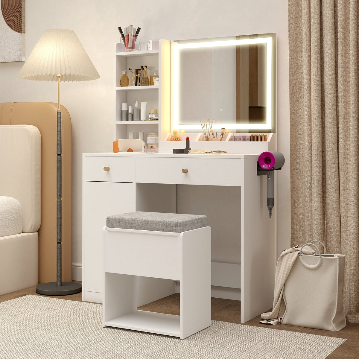 Vanity Dressing Table and Chair Set with Mirror and Lights-White-Makeup Vanities-DECOROLALA