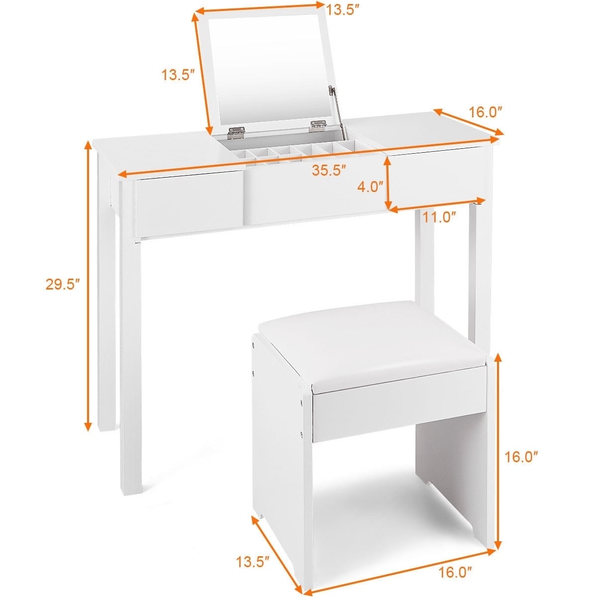 Vanity Makeup Dressing Table Set with Flip Top Mirror and Cushioned Stool-White-Makeup Vanities-DECOROLALA