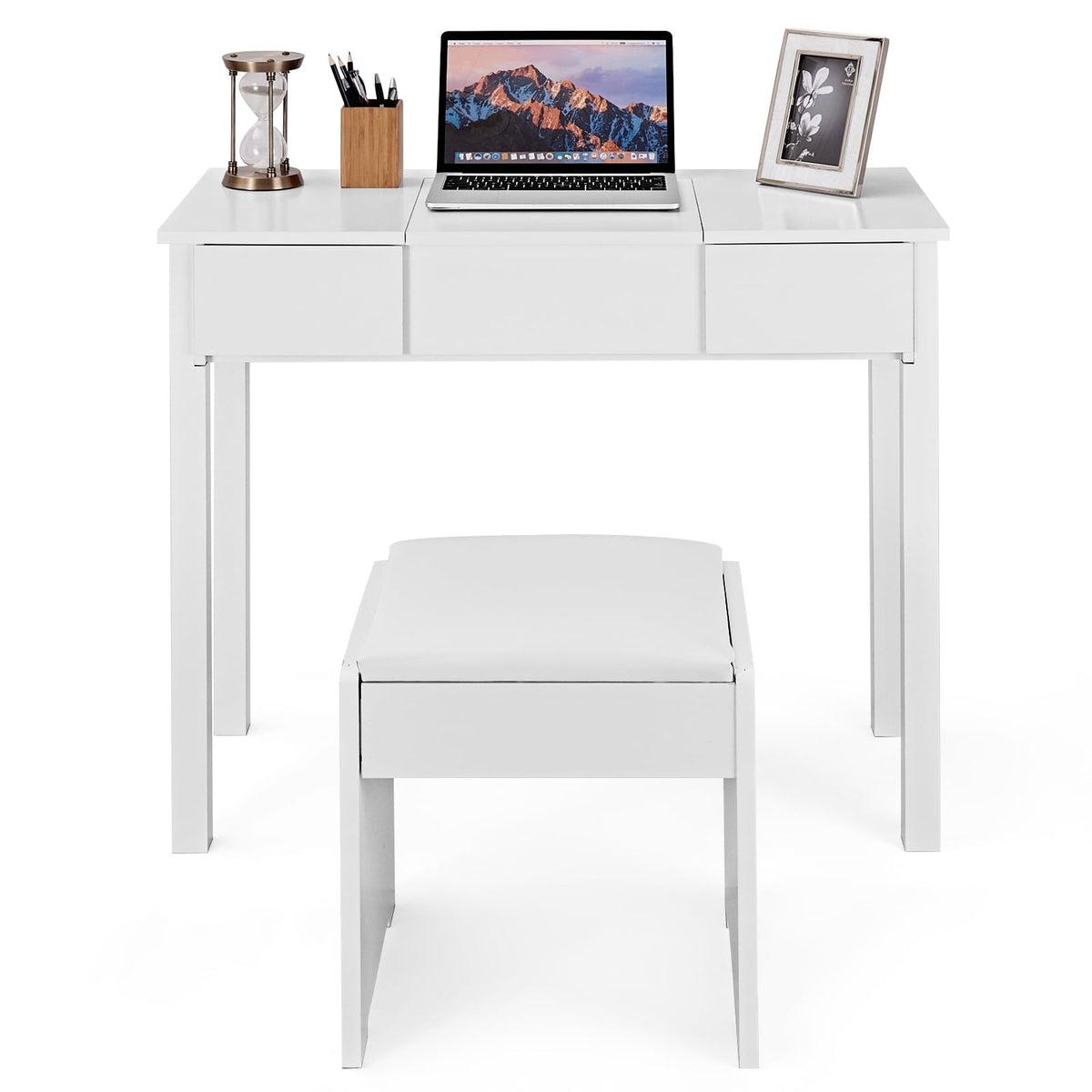 Vanity Makeup Dressing Table Set with Flip Top Mirror and Cushioned Stool-White-Makeup Vanities-DECOROLALA