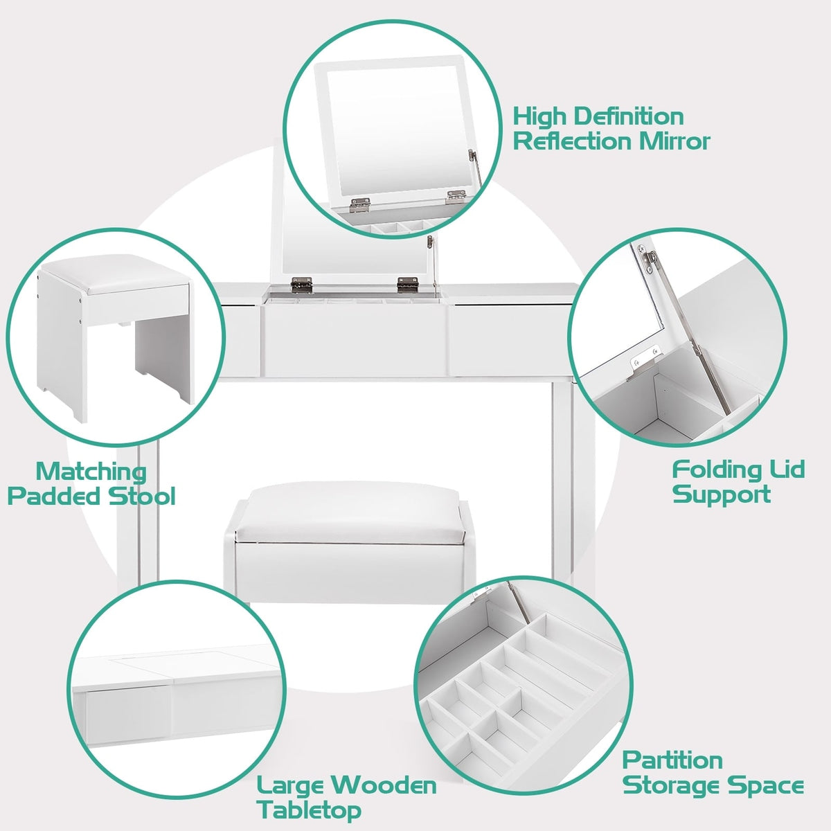 Vanity Makeup Dressing Table Set with Flip Top Mirror and Cushioned Stool-White-Makeup Vanities-DECOROLALA