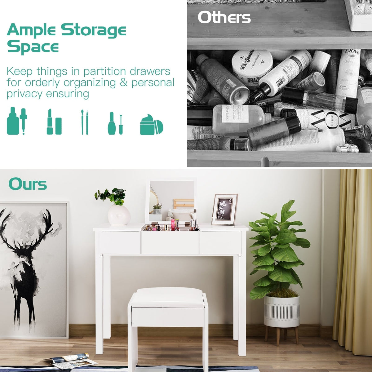 Vanity Makeup Dressing Table Set with Flip Top Mirror and Cushioned Stool-White-Makeup Vanities-DECOROLALA