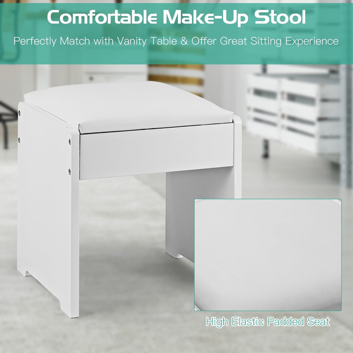 Vanity Makeup Dressing Table Set with Flip Top Mirror and Cushioned Stool-White-Makeup Vanities-DECOROLALA