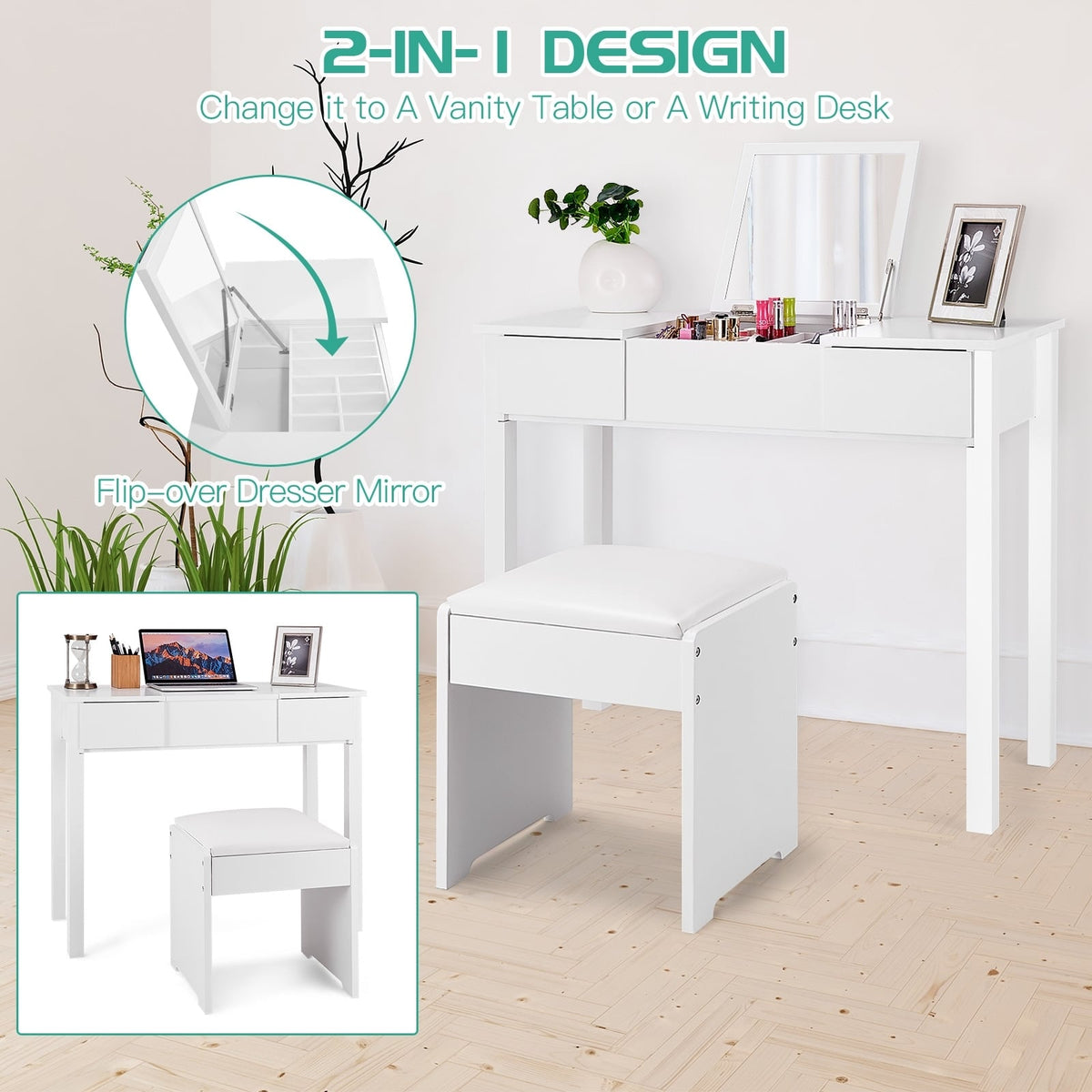 Vanity Makeup Dressing Table Set with Flip Top Mirror and Cushioned Stool-White-Makeup Vanities-DECOROLALA