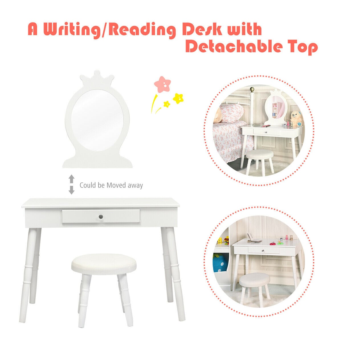 Vanity Makeup Table & Chair Set Make Up Stool-White-Kids Vanities-DECOROLALA