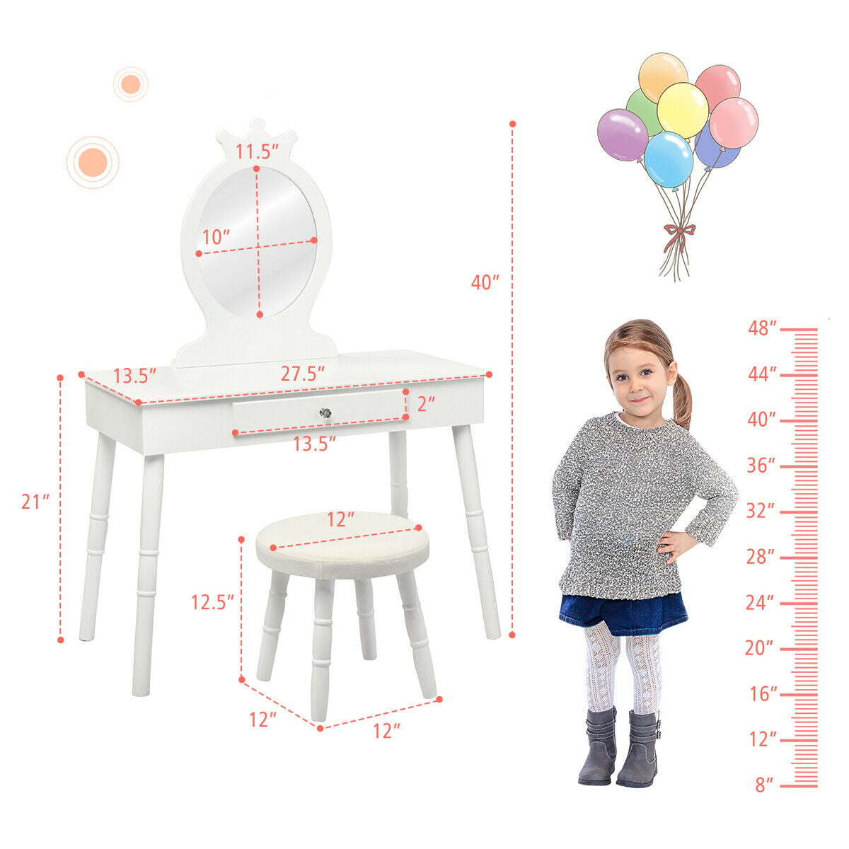 Vanity Makeup Table & Chair Set Make Up Stool-White-Kids Vanities-DECOROLALA
