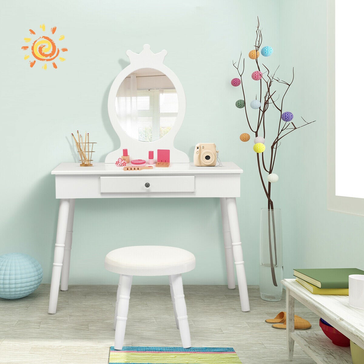 Vanity Makeup Table & Chair Set Make Up Stool-White-Kids Vanities-DECOROLALA
