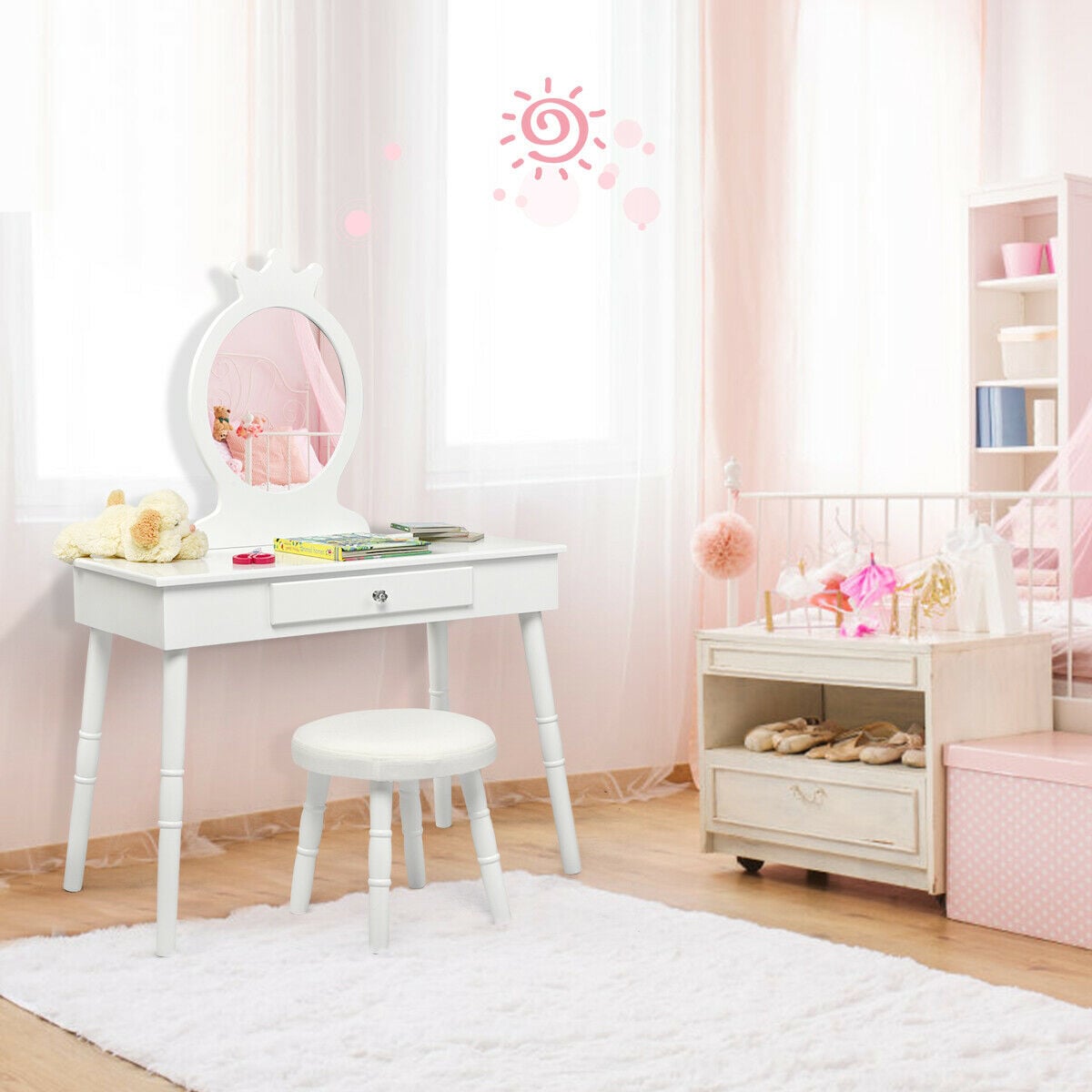 Vanity Makeup Table & Chair Set Make Up Stool-White-Kids Vanities-DECOROLALA