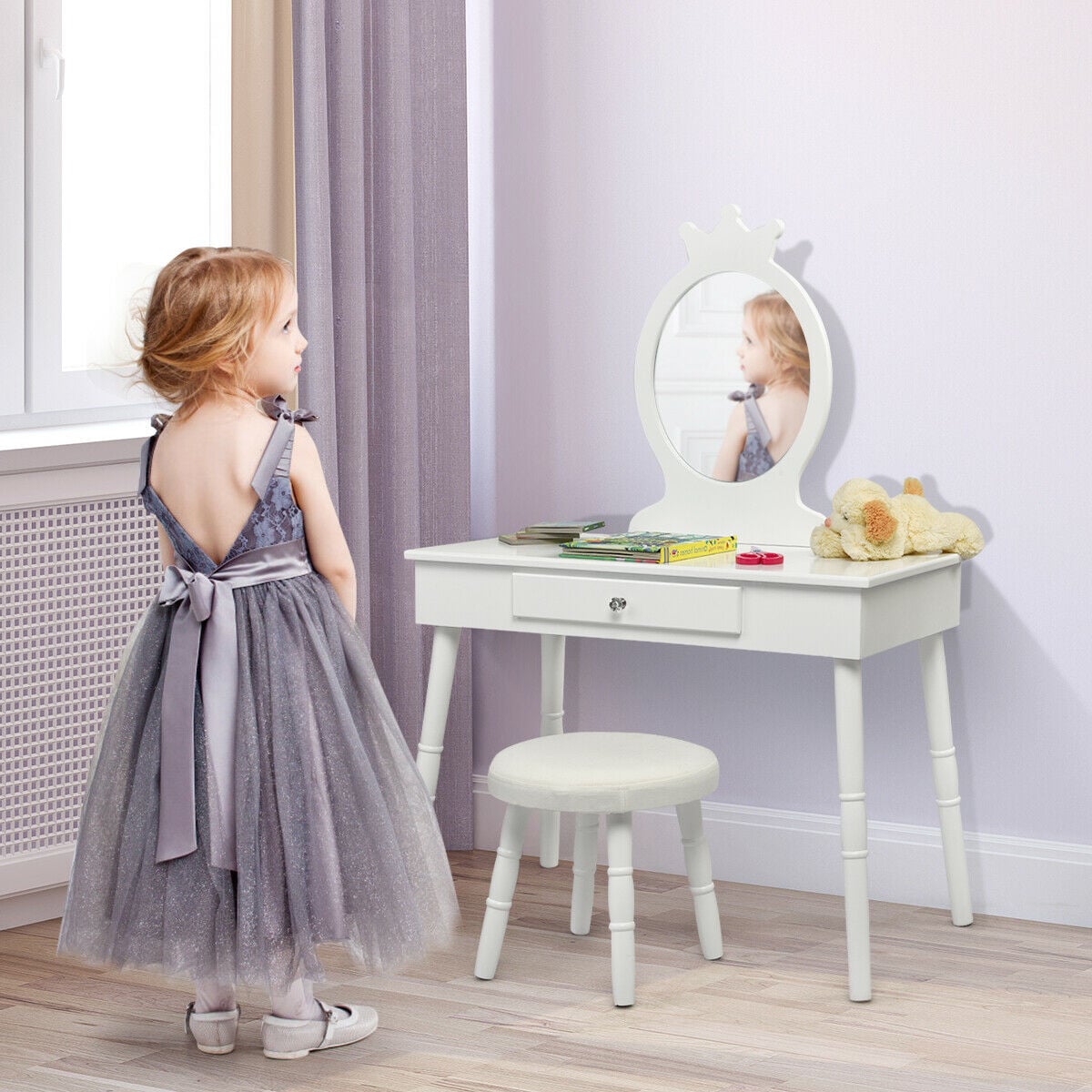 Vanity Makeup Table & Chair Set Make Up Stool-White-Kids Vanities-DECOROLALA