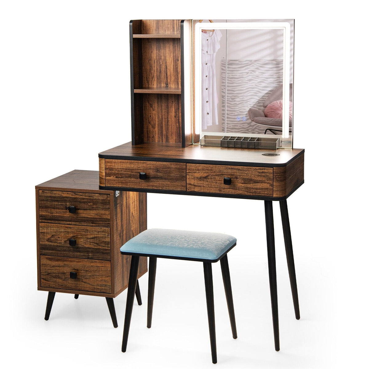 Vanity Makeup Table Set with Lighted Mirror-Brown-Makeup Vanities-DECOROLALA